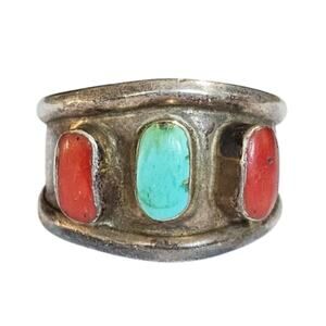Vintage Navajo Men’s Sterling Turquoise & Mediterranean Coral Ring